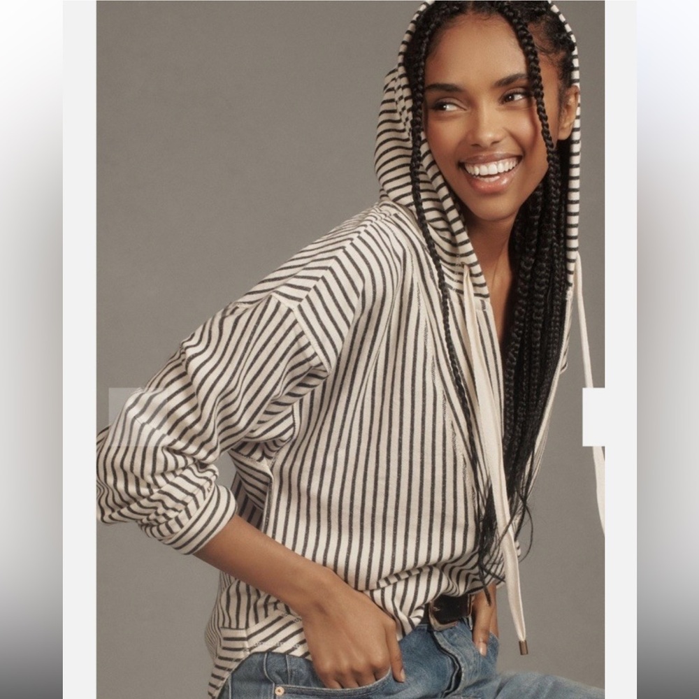 Anthropologie Pilcro Wharfside Striped Hooded Sweatshirt Size XXS Black & White
